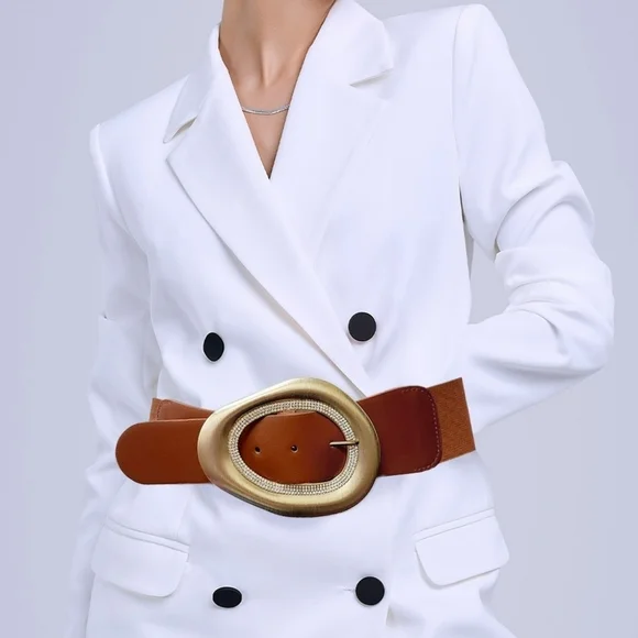 NEW Brown Stone Paved Abstract Golden Oval Buckle Elastic Belt - Picture 2 of 9